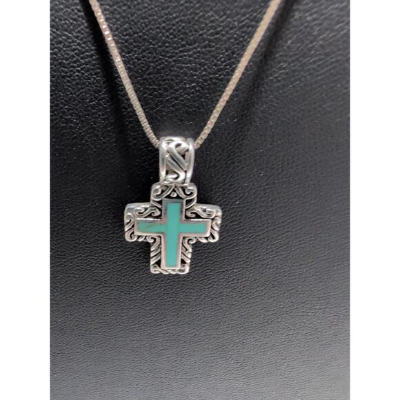 Silver 925 VTG Turquoise Scroll Cross necklace total 4.9 grams box chain - Picture 1 of 9